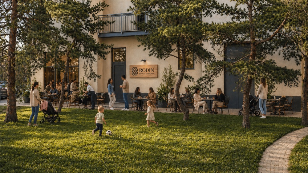 Exteriér bistra RODIN — trávnik so stromami, rodiny s deťmi